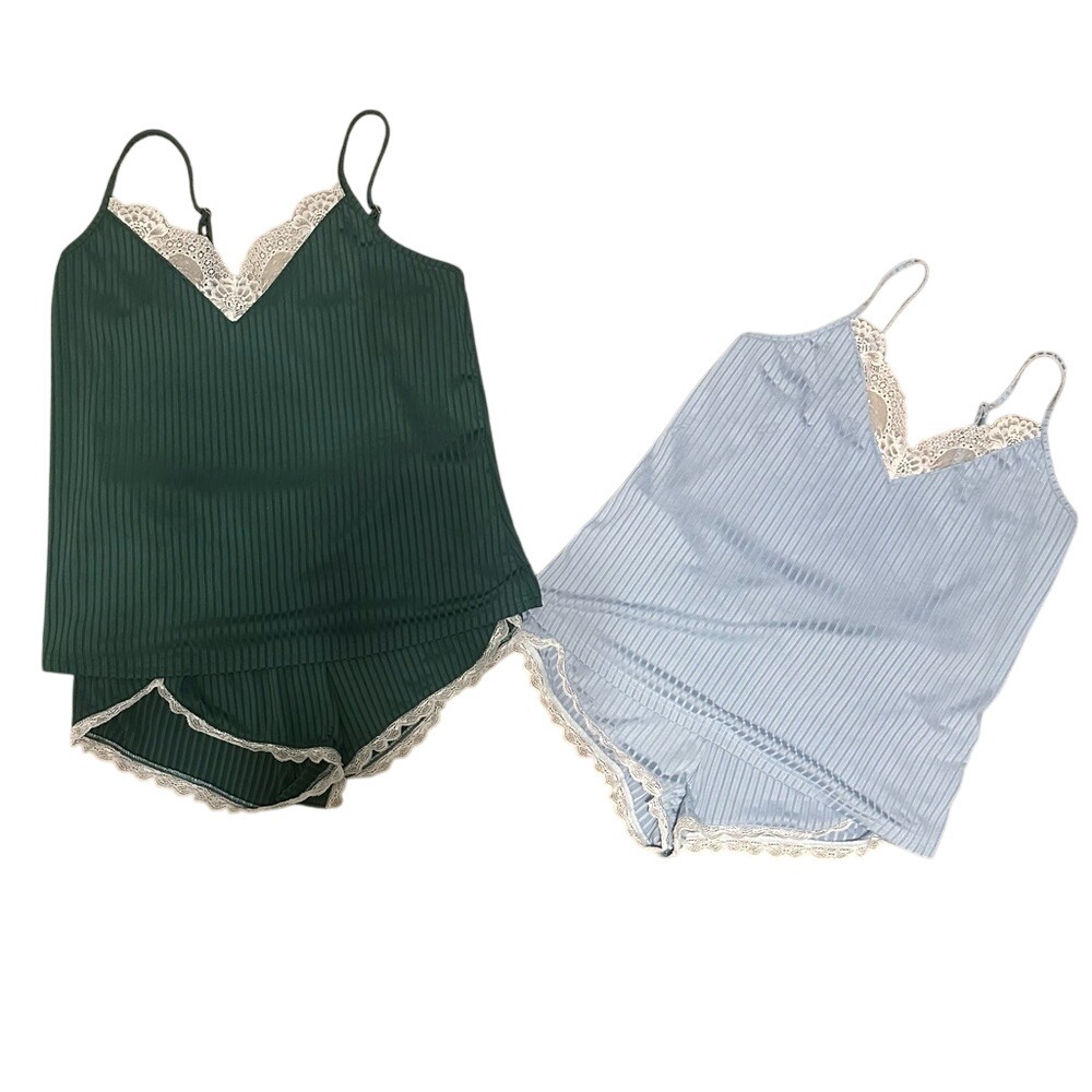 (2) Lace Trim Cami Top and Shorts Pajama Set Sleepwear Loungewear Blue‎ Green